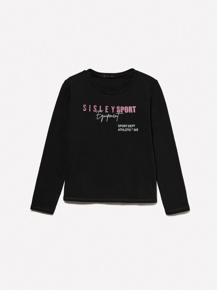 Black t-shirt with glitter print - girls' long sleeve t-shirts - Black | Sisley Young image number 1